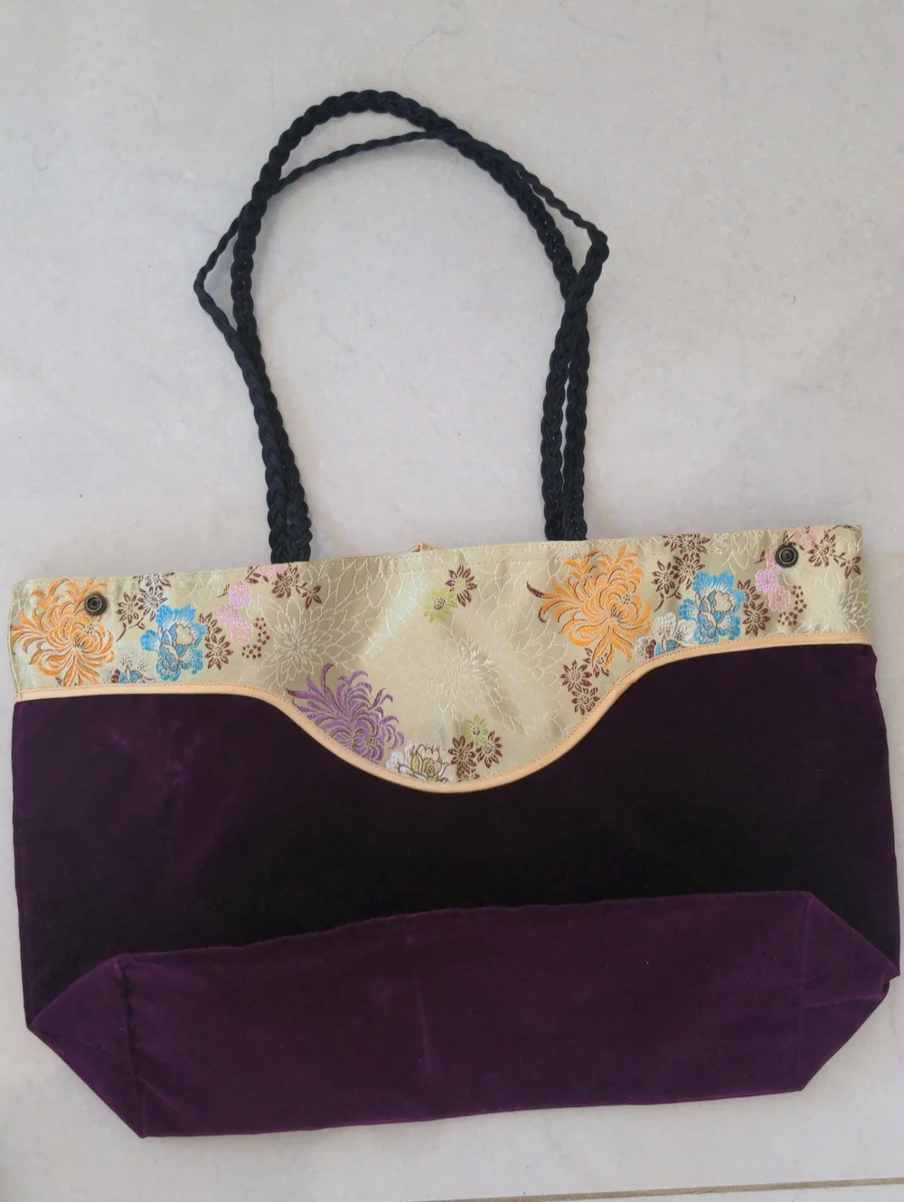Purple Velvet Tote with Floral Embroidered Trim
